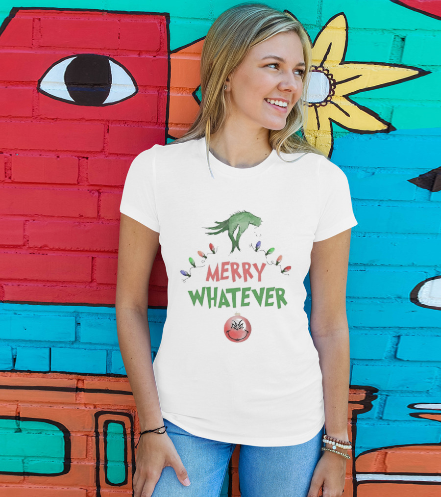 Grinch Hand Holding Christmas Lights Merry Whatever Christmas T-Shirt