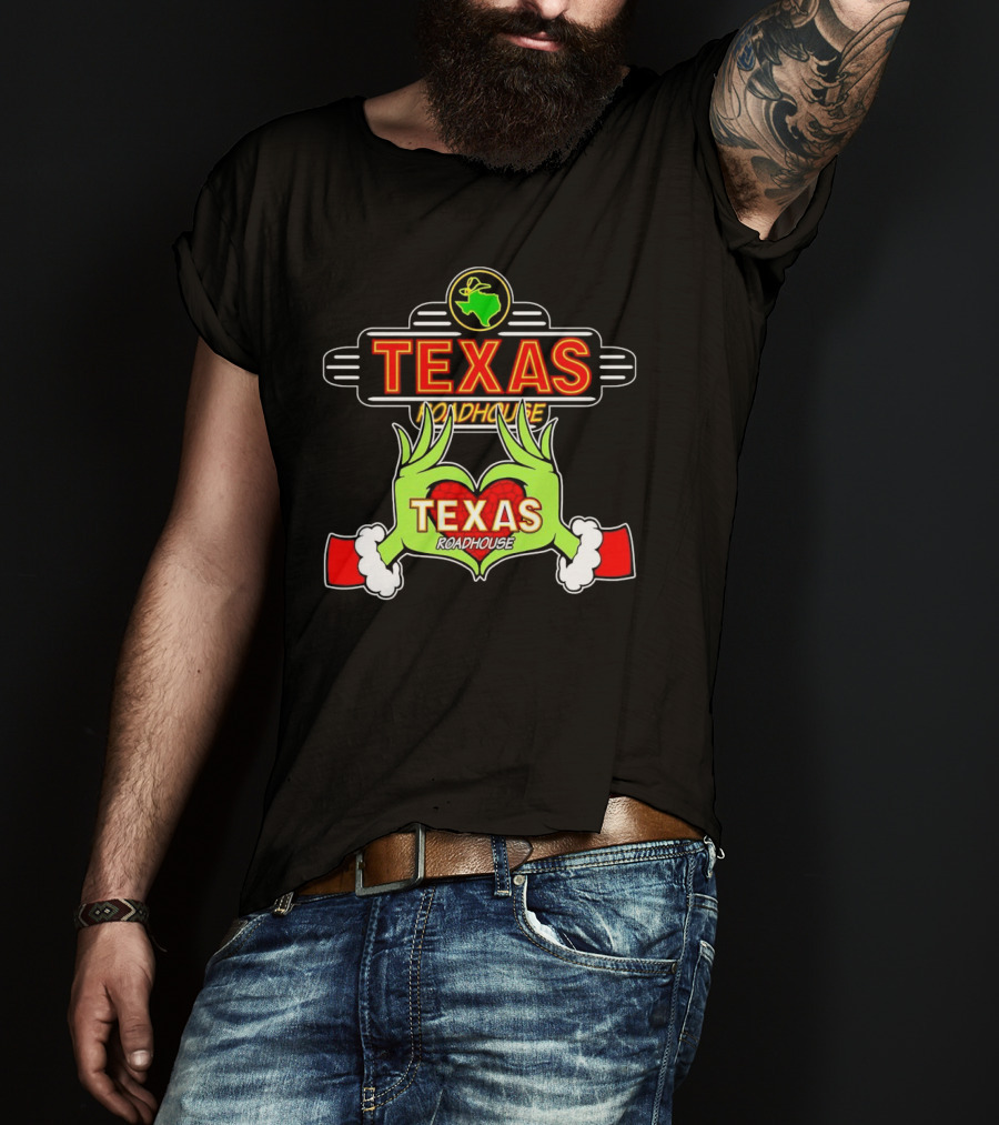 Grinch Hands Holding Heart Texas Roadhouse Christmas T-Shirt