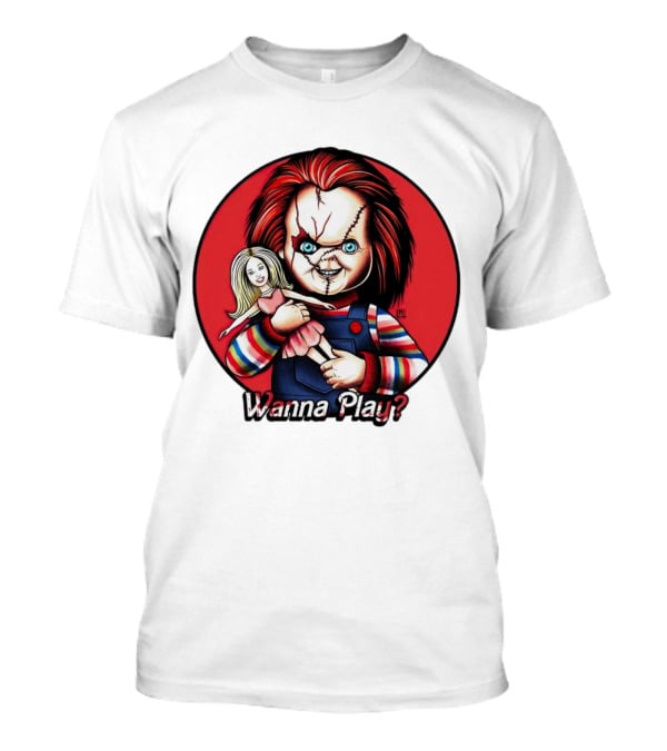 Chucky Holding Doll With Wanna Play? Text In Red Circle T-Shirt