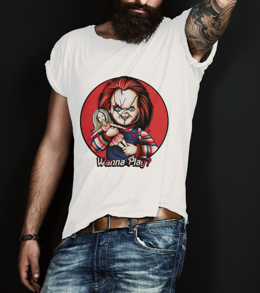 Chucky Holding Doll With Wanna Play? Text In Red Circle T-Shirt