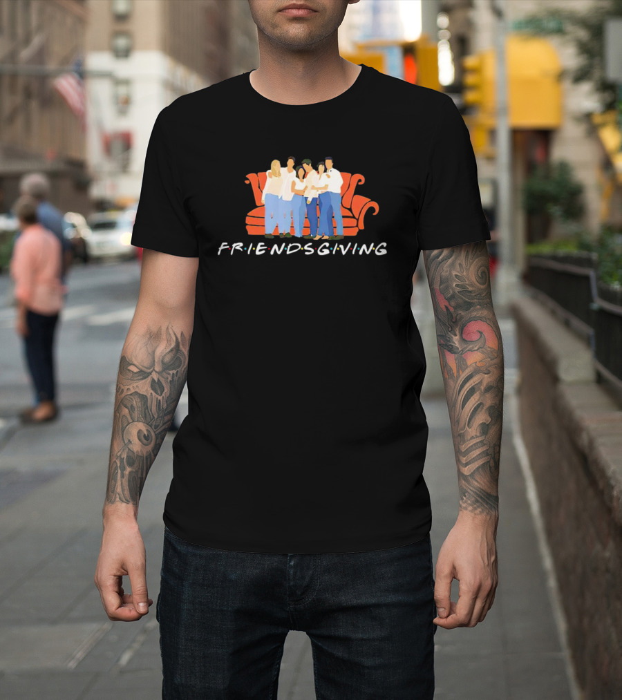 Friendsgiving Celebration with Friends on Iconic Orange Couch T-Shirt