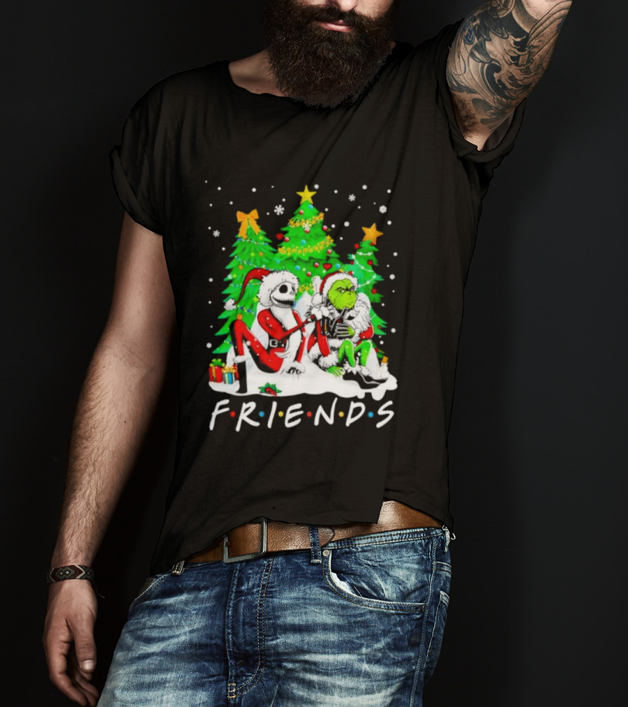 Friends Jack Skellington And Grinch Christmas Scene With Santa Outfits And Christmas Trees T-Shirt