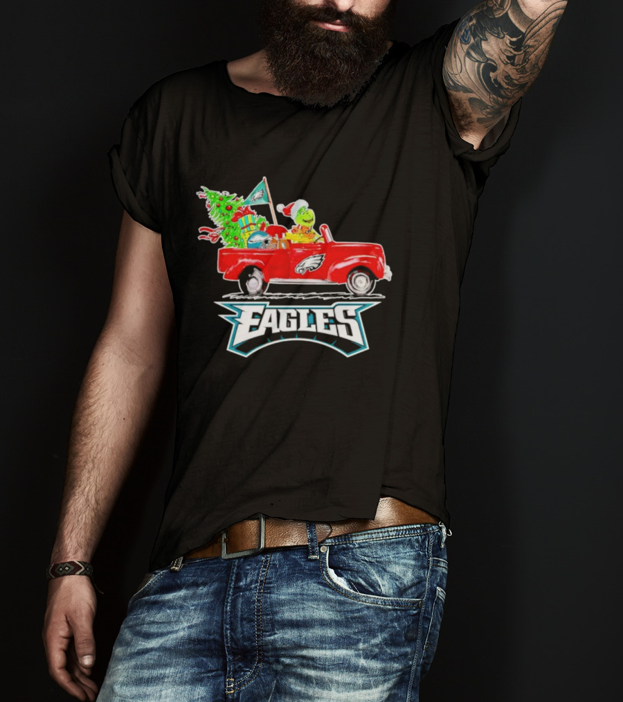 Grinch Dog Driving Red Truck Philadelphia Eagles Christmas Tree T-Shirt