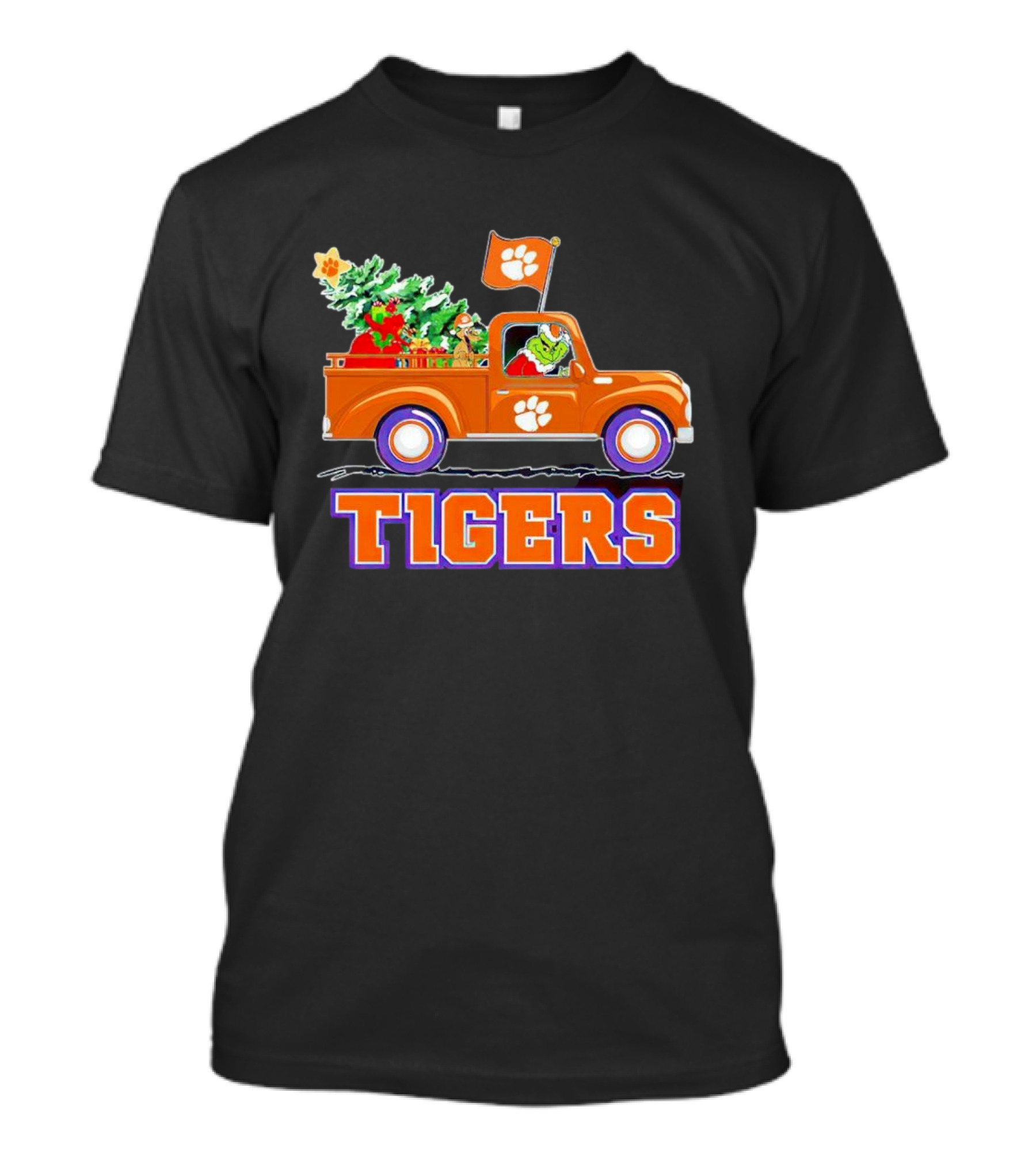Grinch Driving Orange Christmas Truck With Clemson Tigers Flag And Tree T-Shirt