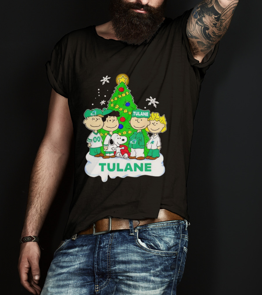 Peanuts Characters Tulane Green Wave Christmas Tree Snoopy Snowflakes T-Shirt