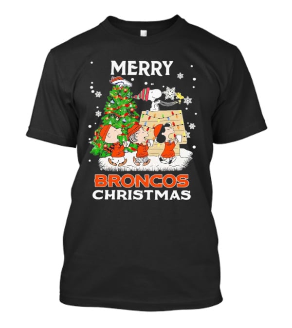 Merry Broncos Christmas Peanuts Characters T-Shirt