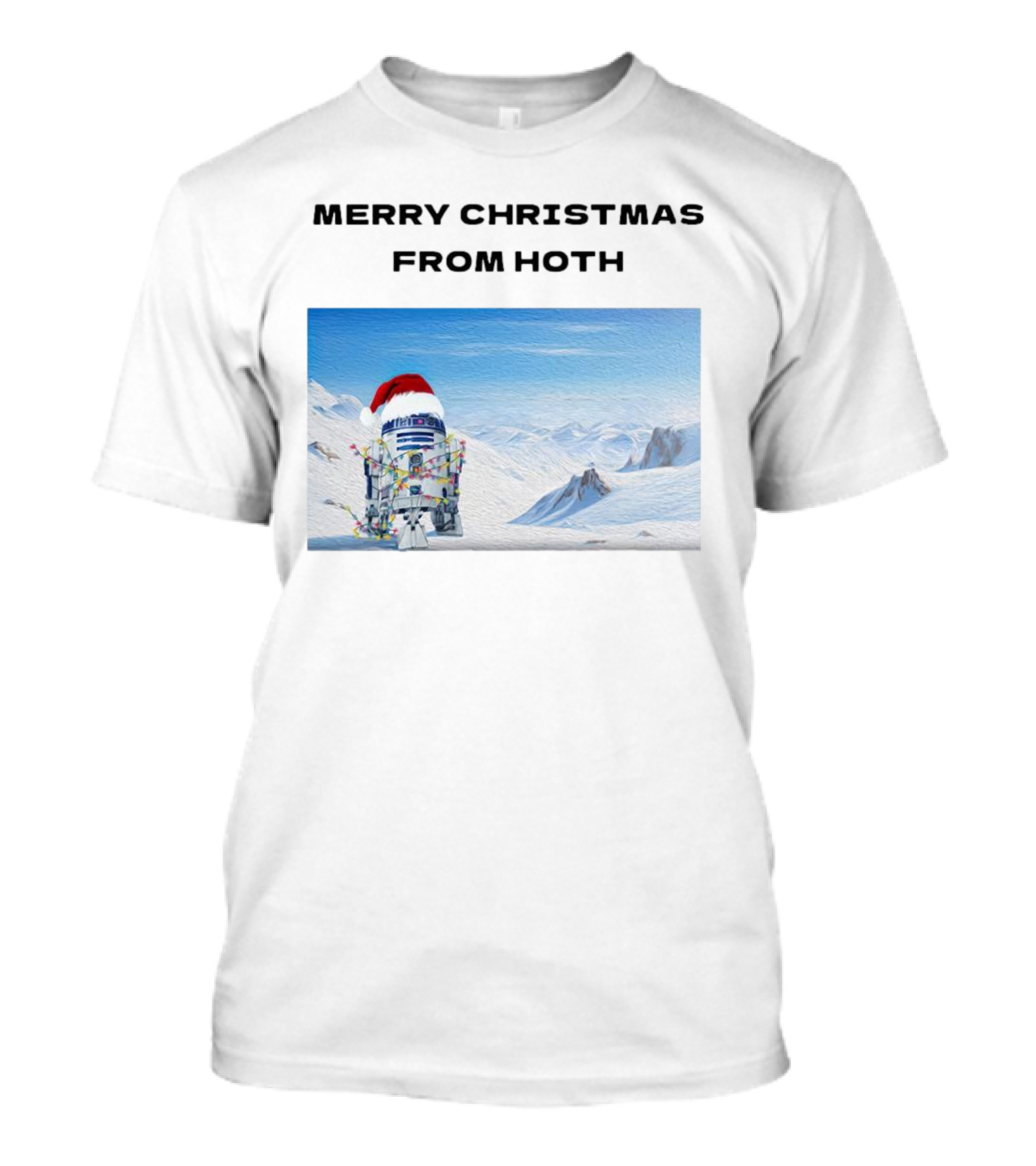 R2-D2 Merry Christmas From Hoth Santa Hat Lights Snowy Scene T-Shirt