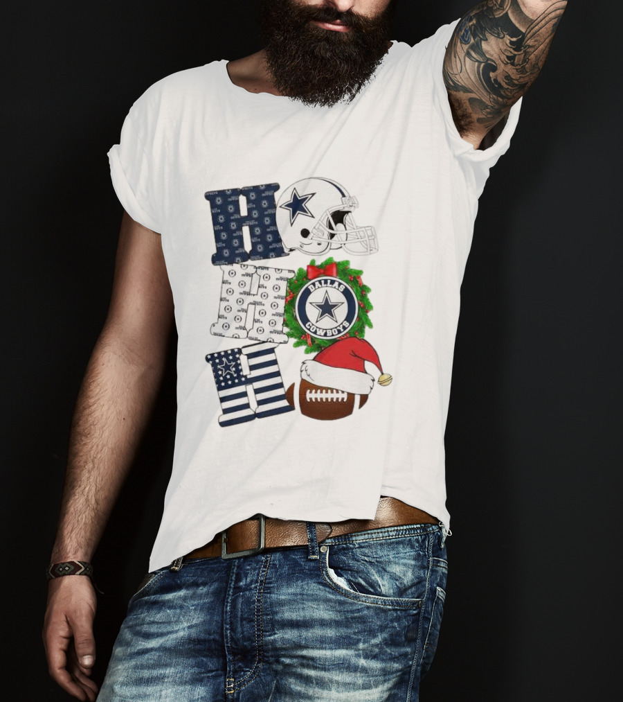Dallas Cowboys Helmet Wreath Football Christmas Ho Ho Ho Merry Christmas T-Shirt