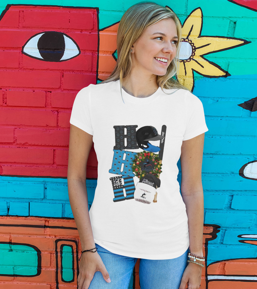 Miami Marlins Ho Ho Ho Merry Christmas Baseball Wreath Socks Helmet Batcap T-Shirt