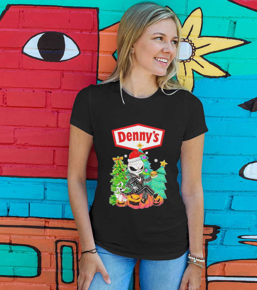 Denny’s Jack Skellington Santa Sitting On Pumpkins With Christmas Trees T-Shirt