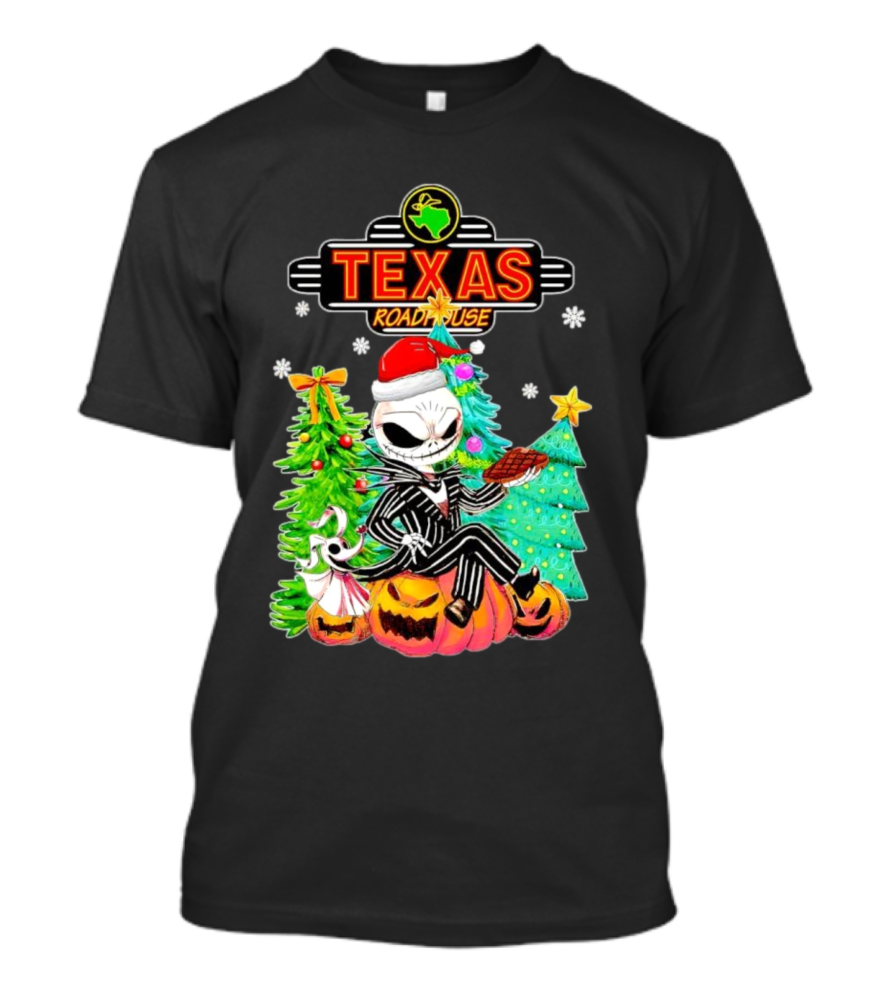 Jack Skellington Christmas With Texas Roadhouse Pumpkin And Christmas Trees T-Shirt