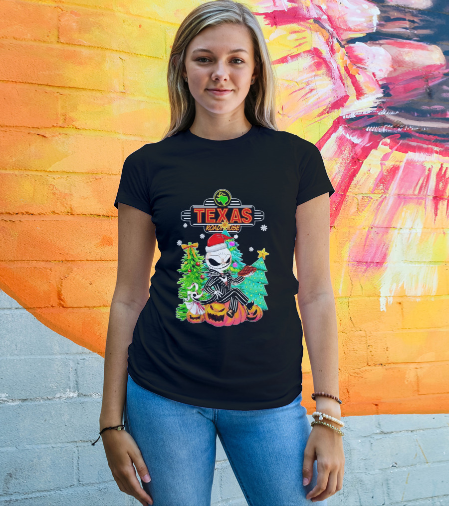 Jack Skellington Christmas With Texas Roadhouse Pumpkin And Christmas Trees T-Shirt