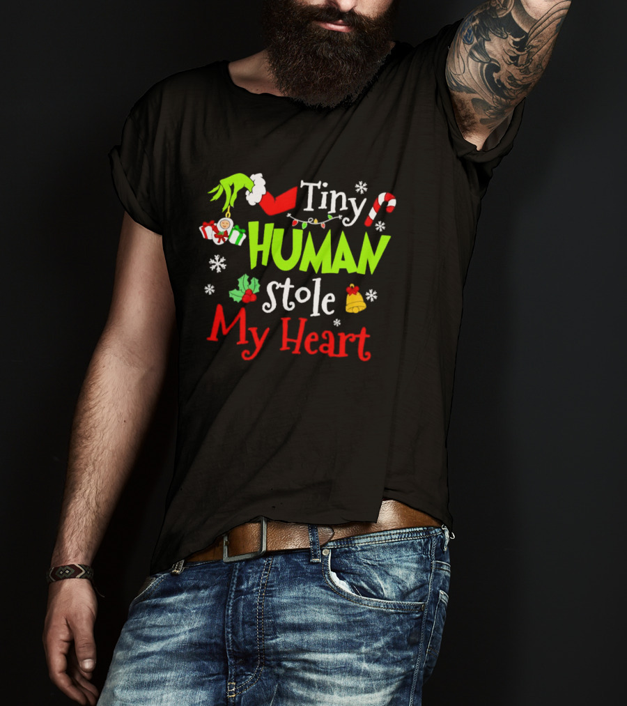 Tiny Human Stole My Heart Grinchmas Xmas With Candy Cane And Gifts T-Shirt