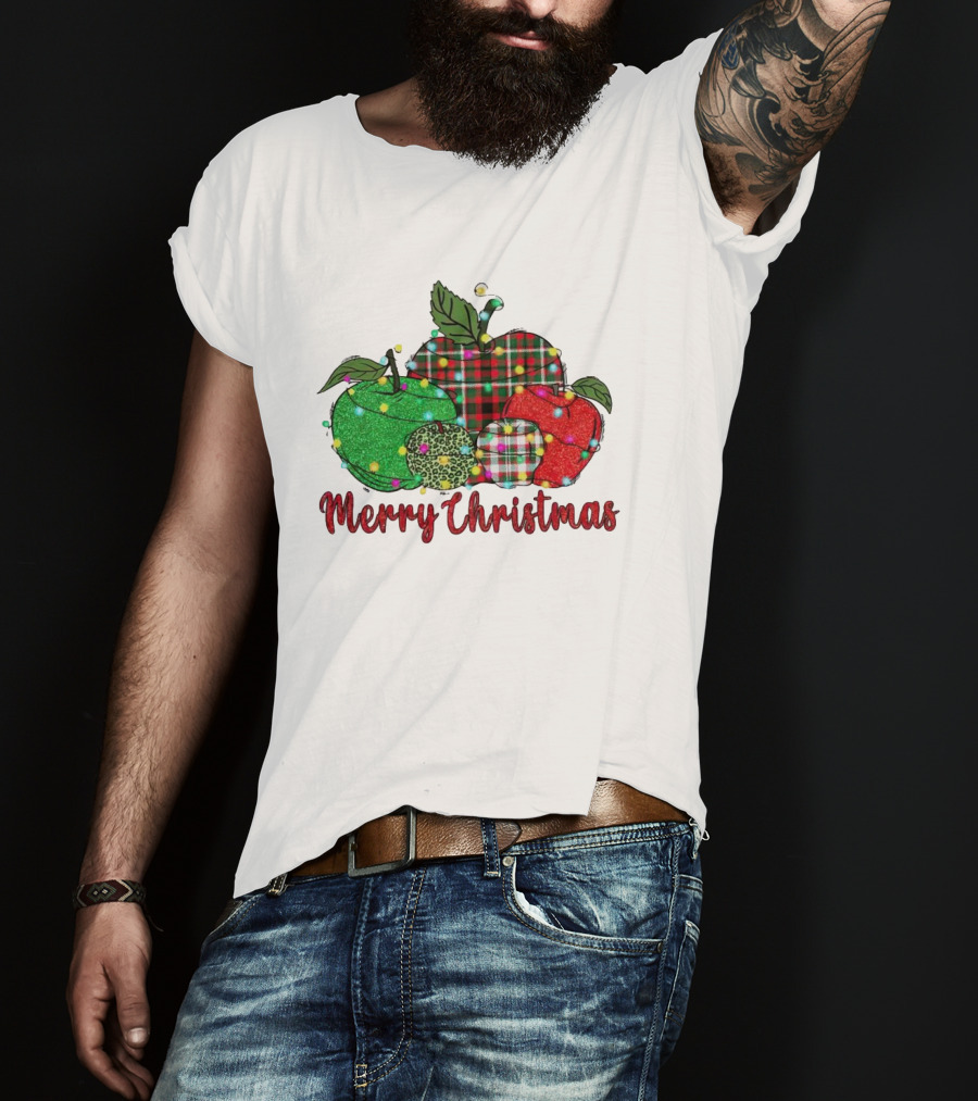 Merry Christmas Apples Plaid And Lights T-Shirt