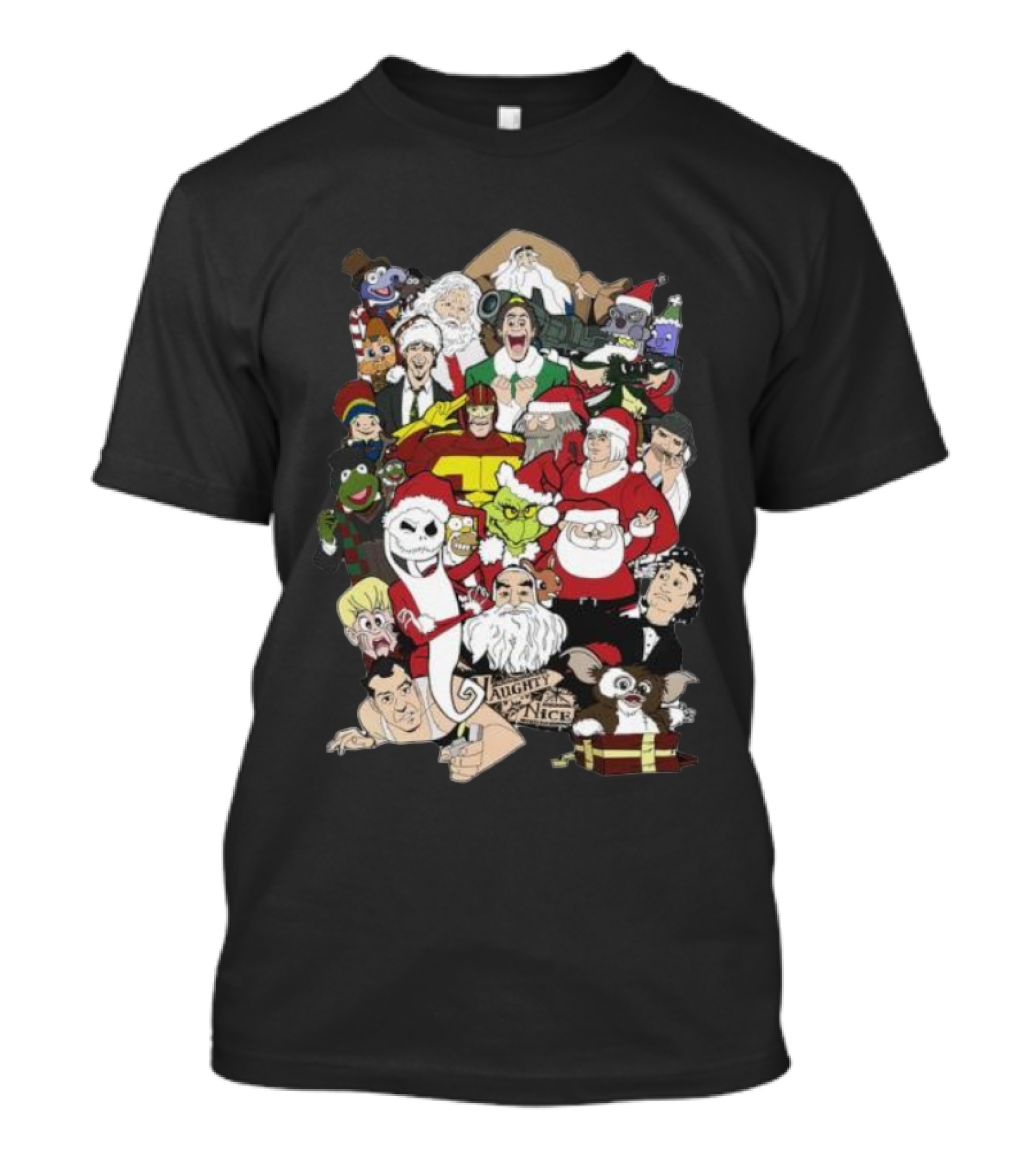 Naughty Or Nice Christmas Chaos Characters Featuring Santa Grinch Gizmo Jack Frost T-Shirt