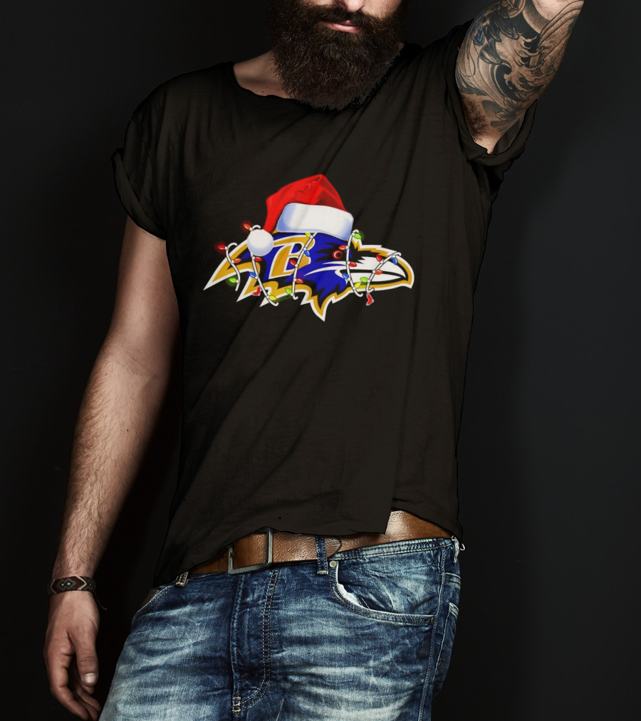 Baltimore Ravens Christmas Lights Santa Hat T-Shirt