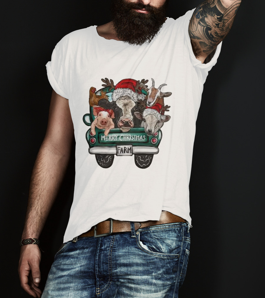 Merry Christmas Farm Animals In Holiday Truck T-Shirt