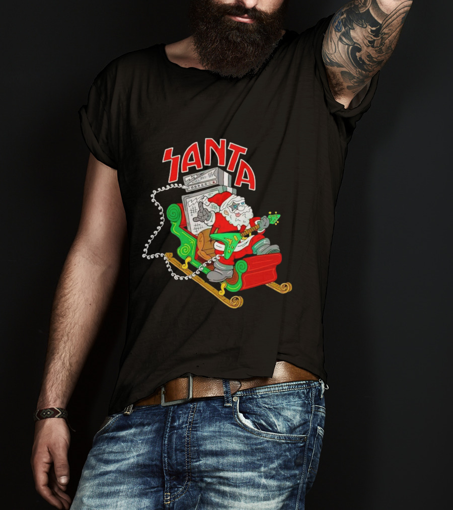 Santa Rocks Sleigh With Guitar And Amps Christmas T-Shirt