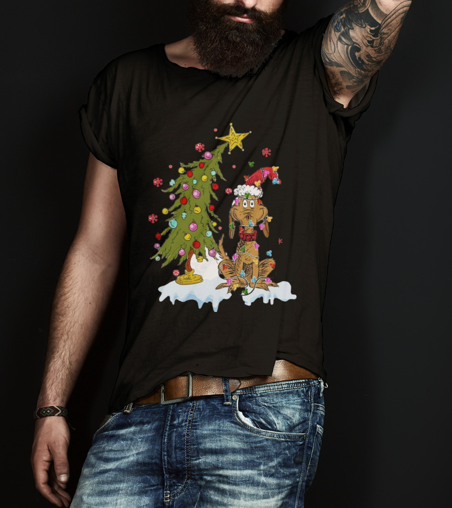 Christmas Max Dog Wrapped In Lights With Grinch Tree Scene T-Shirt