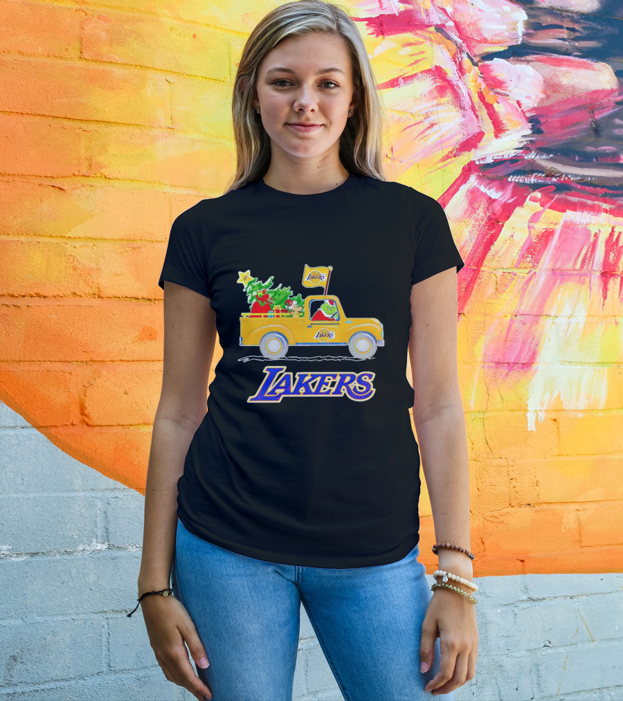 Grinch Driving Los Angeles Lakers Truck With Christmas Tree T-Shirt