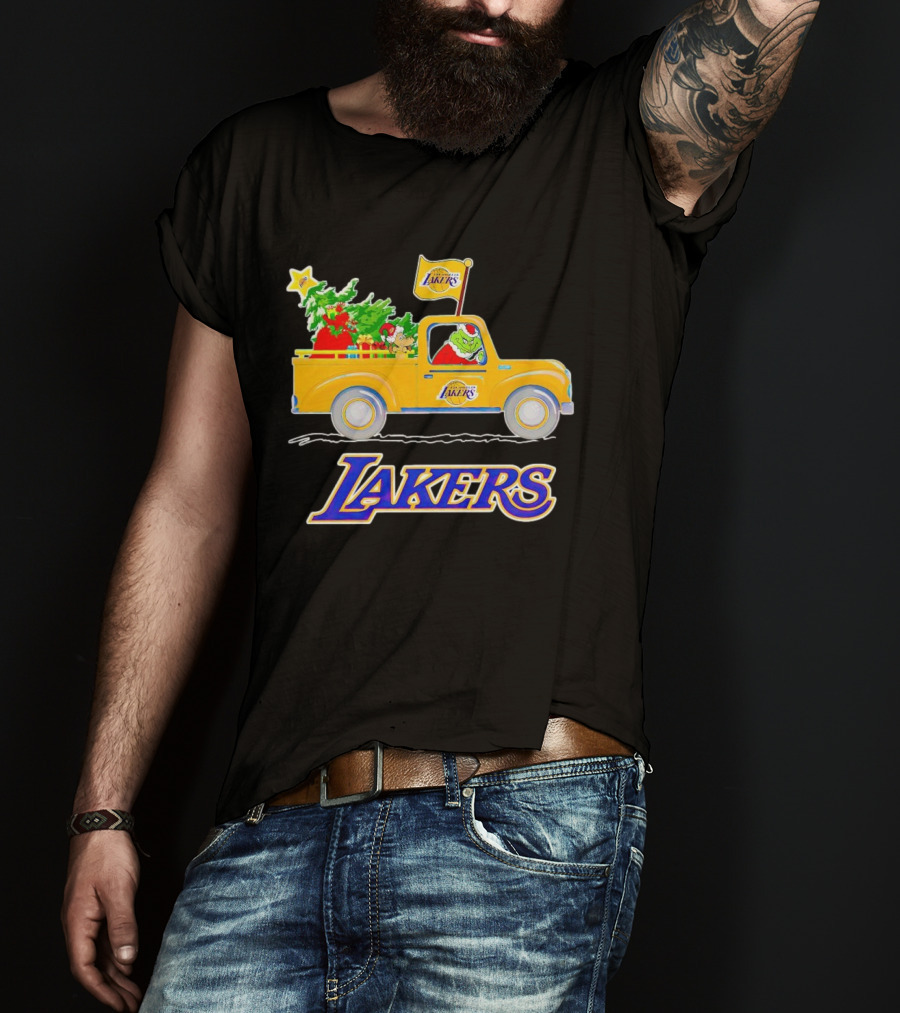 Grinch Driving Los Angeles Lakers Truck With Christmas Tree T-Shirt