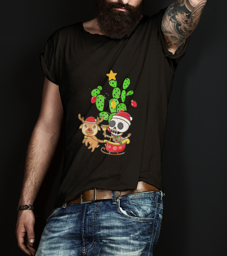 Nopalito Calacas Feliz Navidad Cactus Skeleton Reindeer Christmas T-Shirt