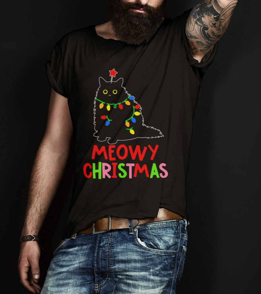 Meowy Christmas Black Cat With Lights T-Shirt