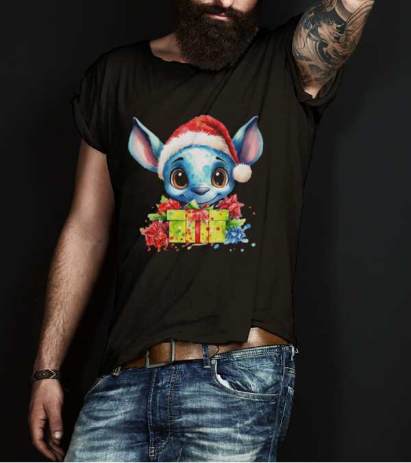 Santa Stitch Holiday Cheer With Christmas Present And Santa Hat T-Shirt