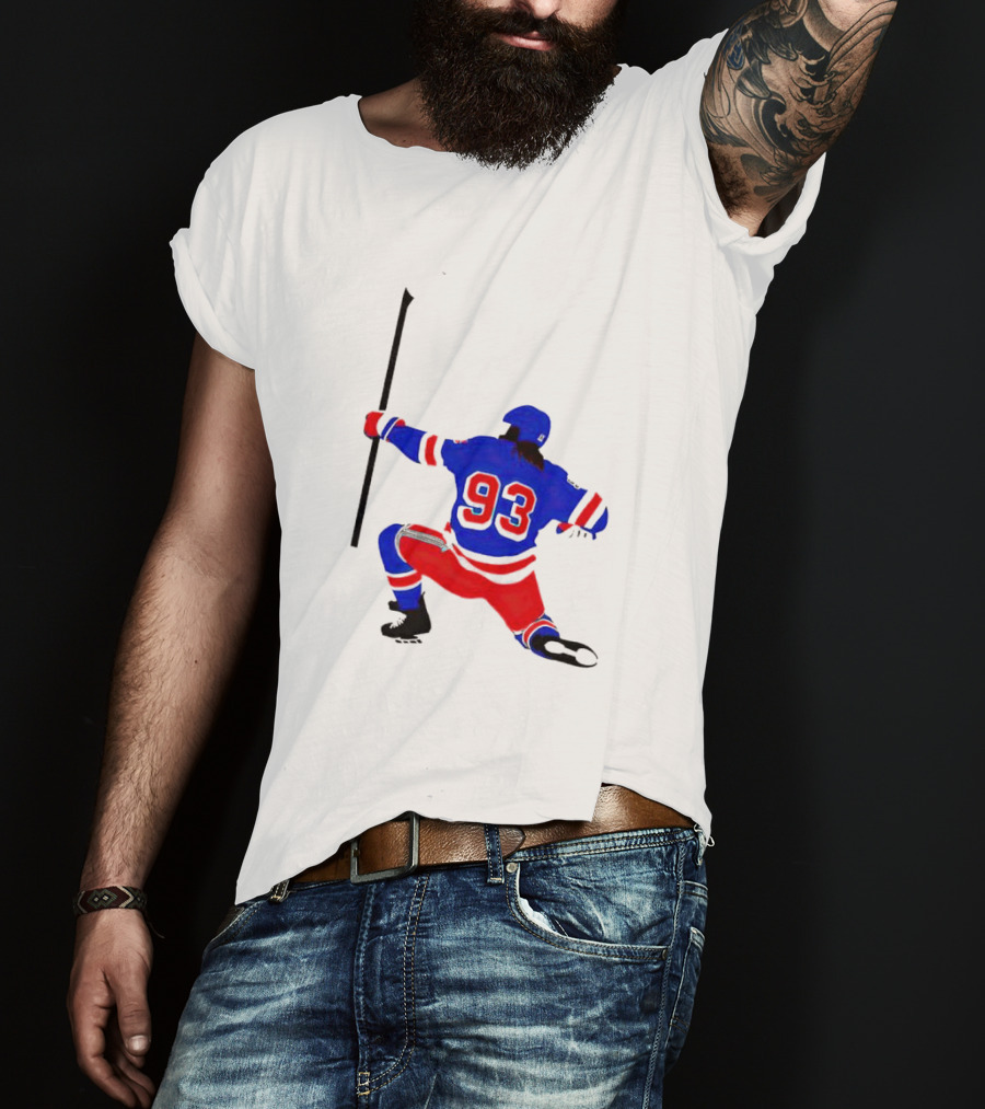 Mika Zibanejad Number 93 Hockey Celebration Iconic Bowing Pose T-Shirt