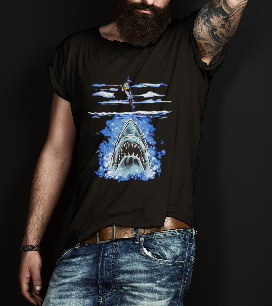 Jaws Batman Shark Repellent Hanging Above Menacing Shark T-Shirt