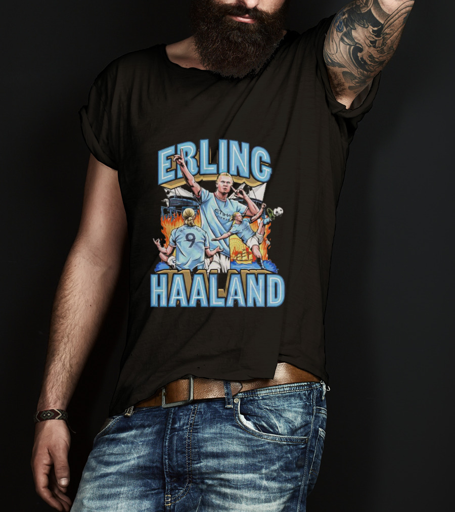 Erling Haaland MCFC Soccer Collage With Fiery Stadium Background T-Shirt