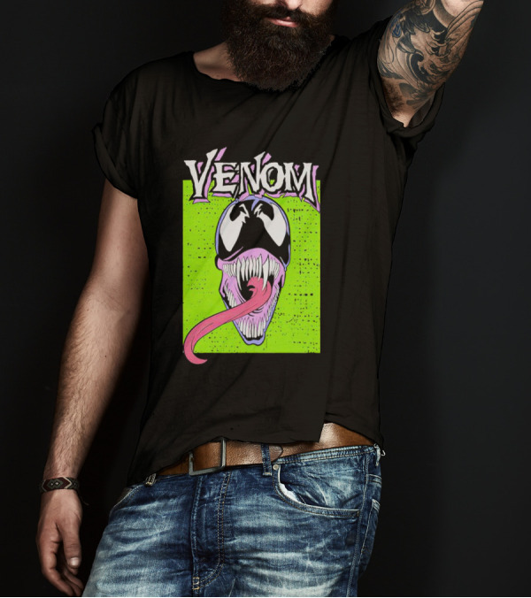 Venom Marvel Neon Pink Tongue Green Background T-Shirt