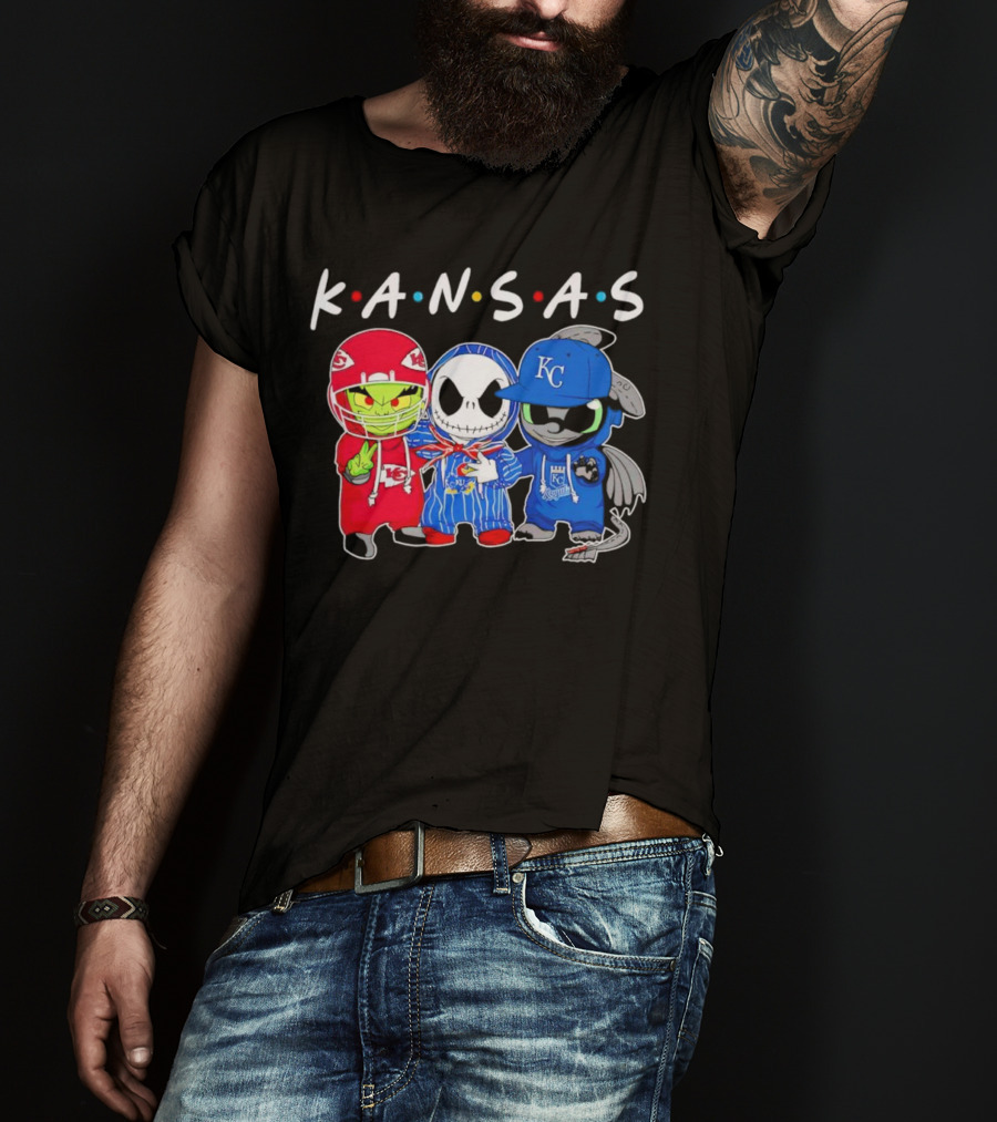 KANSAS Sports Characters Grinch Jack Skellington Toothless Chiefs Royals Jayhawks T-Shirt