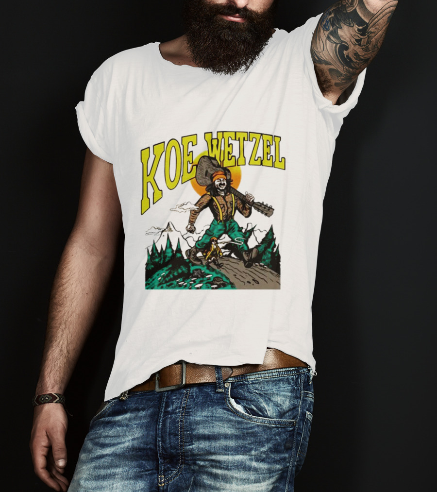 Koe Wetzel Koe Bunyan Lumberjack With Guitar And Dog In Mountain Scene T-Shirt