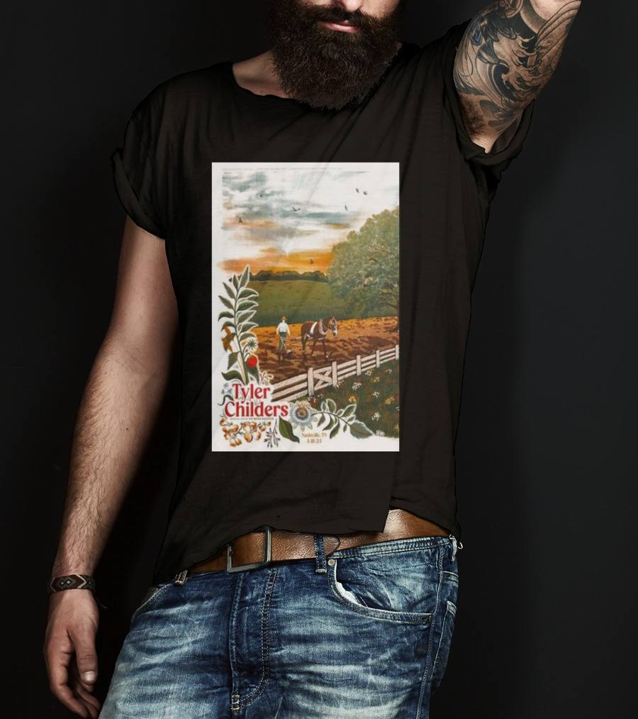 Tyler Childers Nashville TN 4 18 23 Horse Farm Scene With Flowers T-Shirt