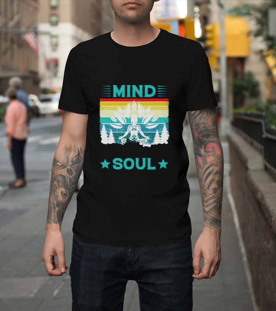 LOSE YOUR MIND FIND YOUR SOUL Yoga Meditation Retro Vintage Rainbow Pine Trees T-Shirt