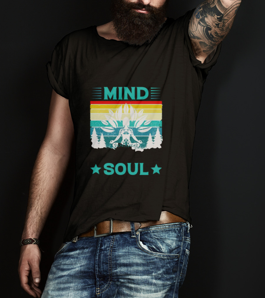 LOSE YOUR MIND FIND YOUR SOUL Yoga Meditation Retro Vintage Rainbow Pine Trees T-Shirt