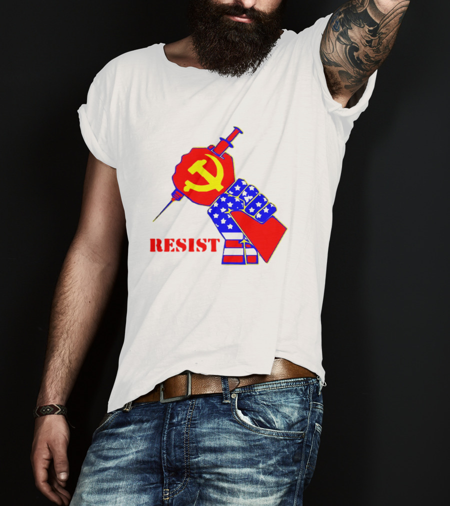 RESIST Communist Hammer And Sickle American Flag Fist Syringe T-Shirt
