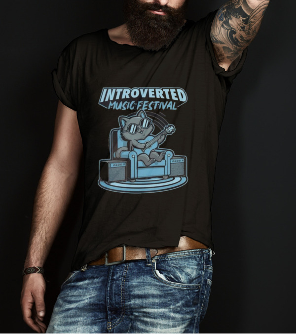 Introverted Music Festival Cat Playing Guitar On Couch With Amplifier T-Shirt