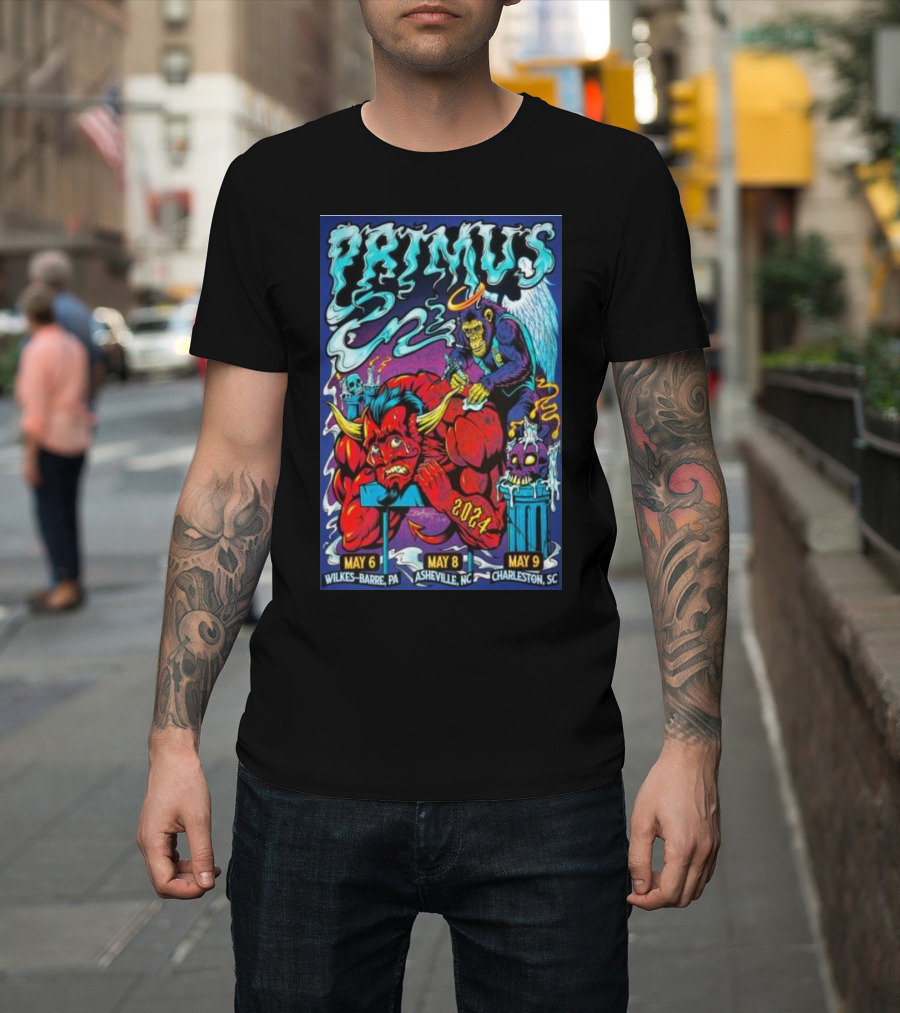 Primus 2024 Tour May 6 Wilkes-Barre May 8 Asheville May 9 Charleston Devil and Frankenstein T-Shirt