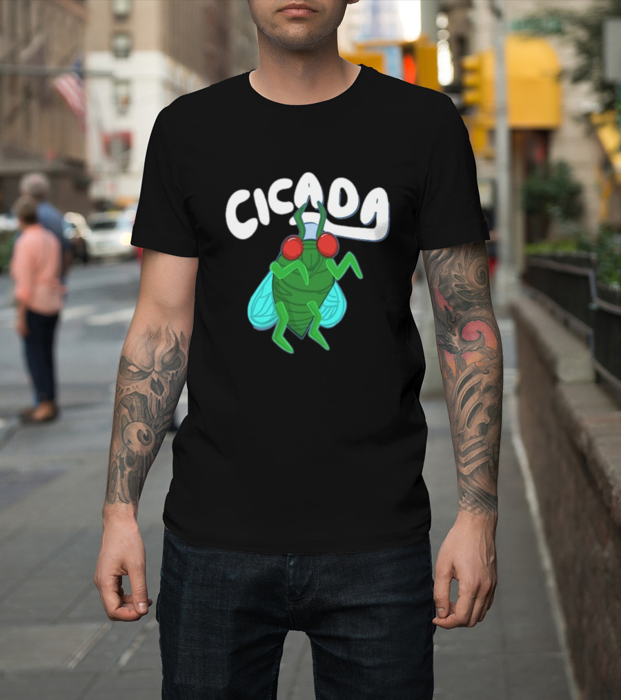 Cicada Cartoon Bug with Green Body and Red Eyes T-Shirt