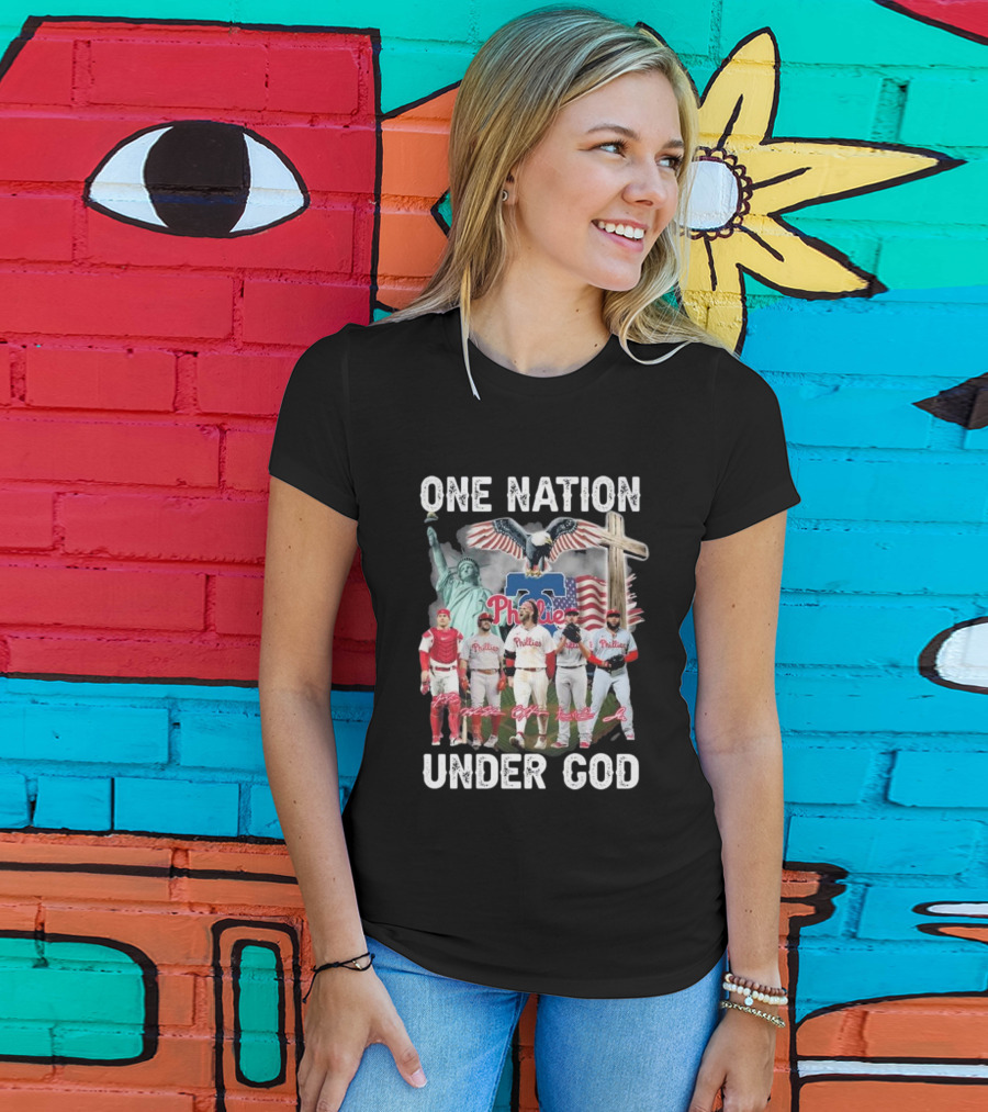 Philadelphia Phillies One Nation Under God Flag Statue Cross Signatures T-Shirt