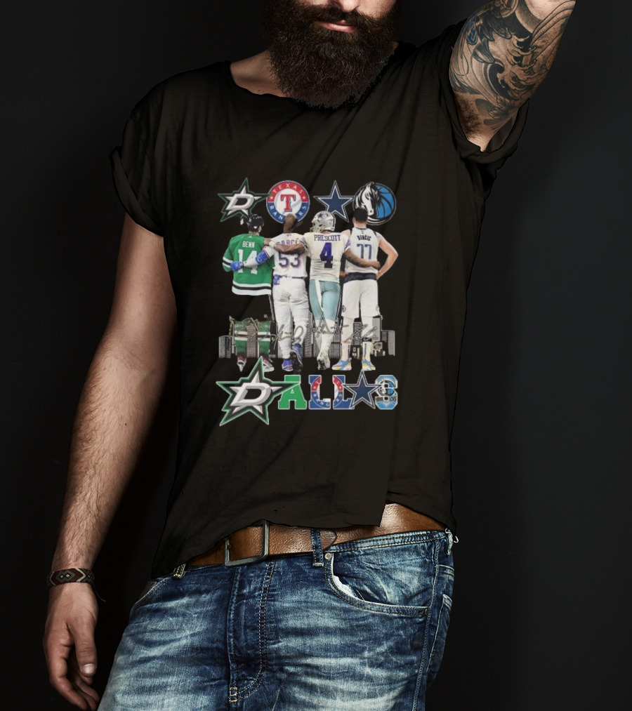 Dallas Stars Texas Rangers Cowboys Mavericks Benn Prescott Ware Doncic Signatures T-Shirt
