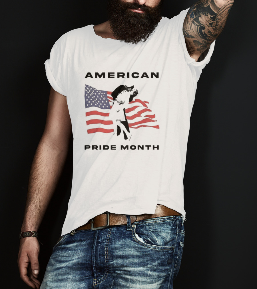 American Pride Month Celebration With Patriotic Flag And Couple Hugging T-Shirt