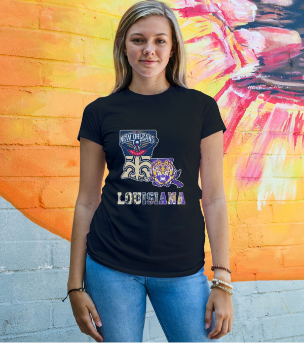 New Orleans Pelicans Tigers Saints Louisiana Map T-Shirt