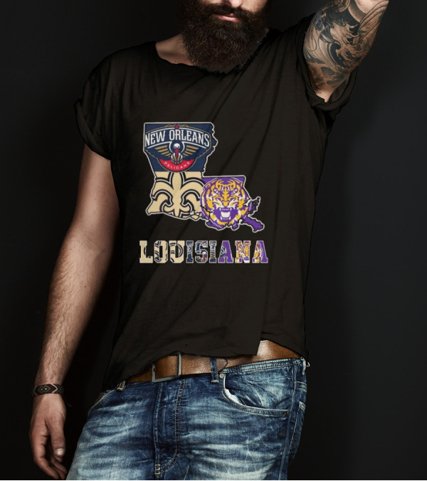 New Orleans Pelicans Tigers Saints Louisiana Map T-Shirt