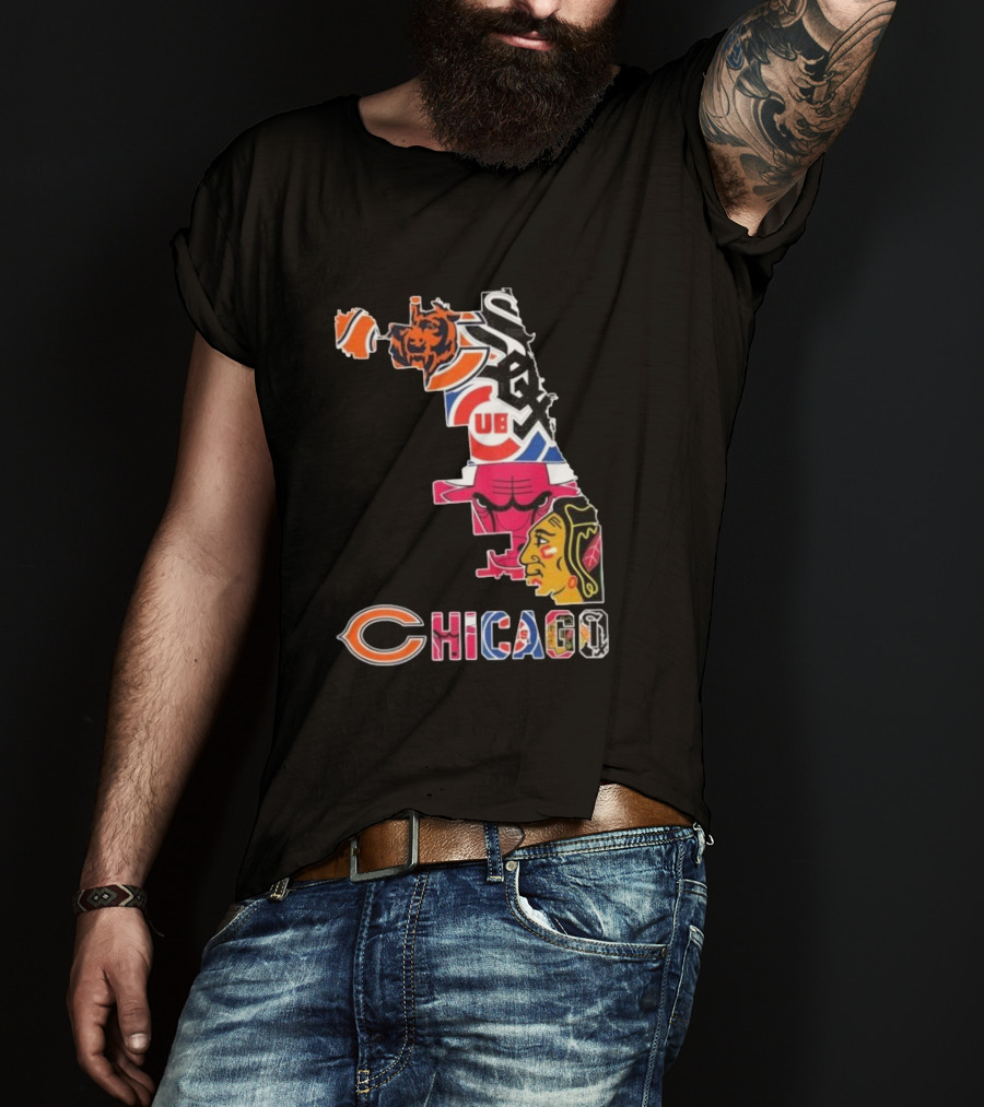 Chicago Cubs White Sox Bulls Bears Blackhawks Maps T-Shirt