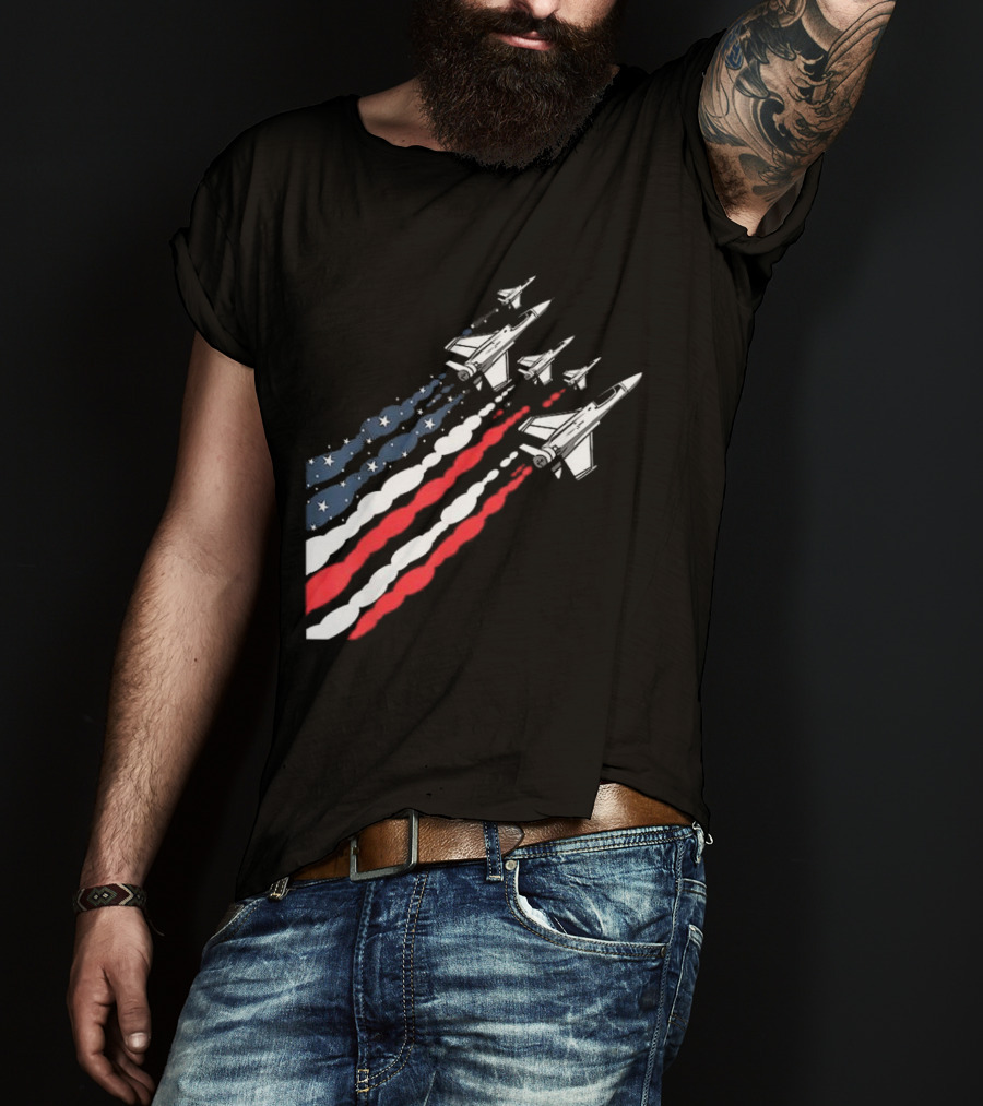 Vintage Patriotic Fighter Jet Airplane With American Flag Trail T-Shirt