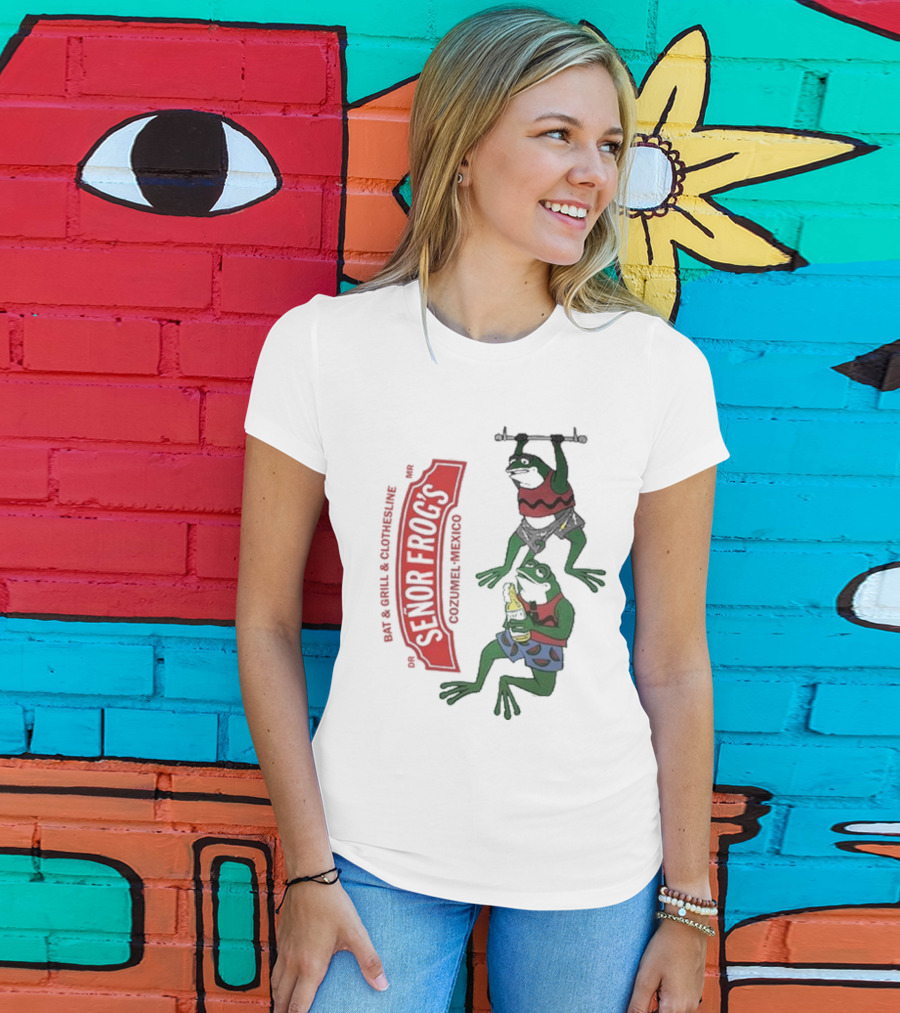 Senor Frog's Cozumel Mexico Bar And Grill Clothesline With Frogs In Striped Shirts And Shorts With Beer And Weights T-Shirt