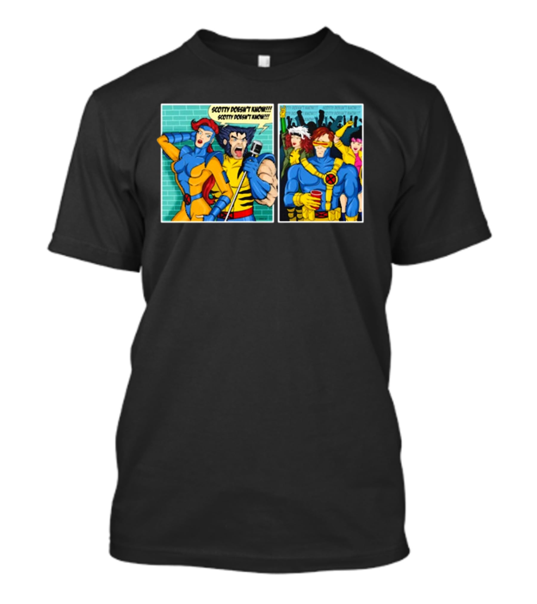Jean Grey And Wolverine Comic Scotty Doesn’t Know Retro Cyclops Party Scene T-Shirt
